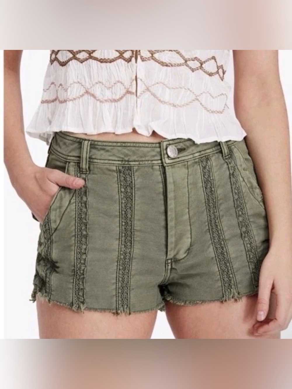 FREE PEOPLE Great Expectations Olive Green Lace-Trim Shorts